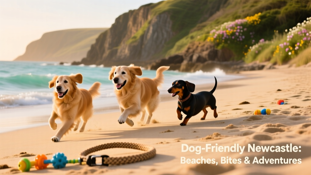 Dogs playing joyfully on a sunlit, sandy beach with gentle waves and coastal cliffs in background