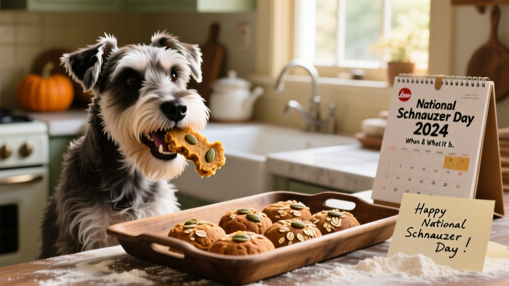 A Schnauzer happily chewing a homemade treat while sitting beside a baking tray