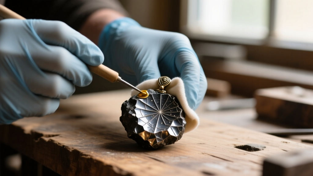 Nitrile-gloved hands applying Renaissance wax to an iron-nickel meteorite pendant with a microfiber cloth on a wooden workbench