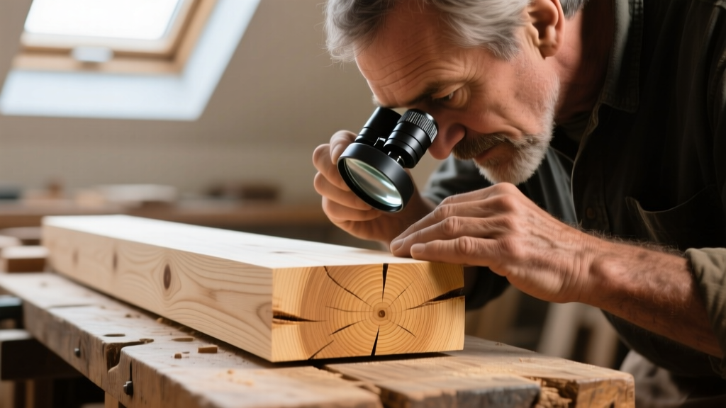 Woodworker using a 10x jeweler loupe to examine end-grain pores of freshly cut rough-sawn white oak lumber on a workbench