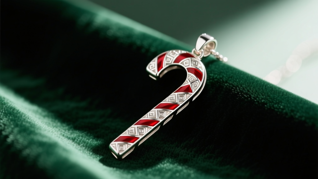 Macro shot of a sterling silver candy cane pendant with red and white guilloché enamel resting on dark green velvet fabric