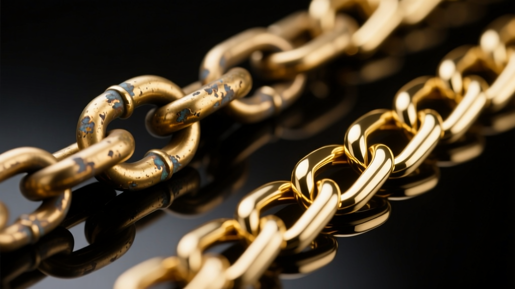 Macro shot of a tarnished brass chain link beside a pristine PVD gold stainless steel box chain under bright studio lighting.