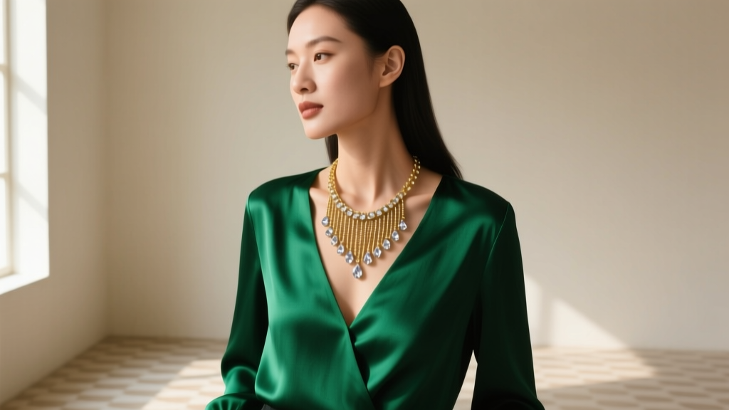 Woman in deep V-neck emerald silk blouse wearing a gold-tone crystal tassel lariat necklace, shot in soft natural window light.