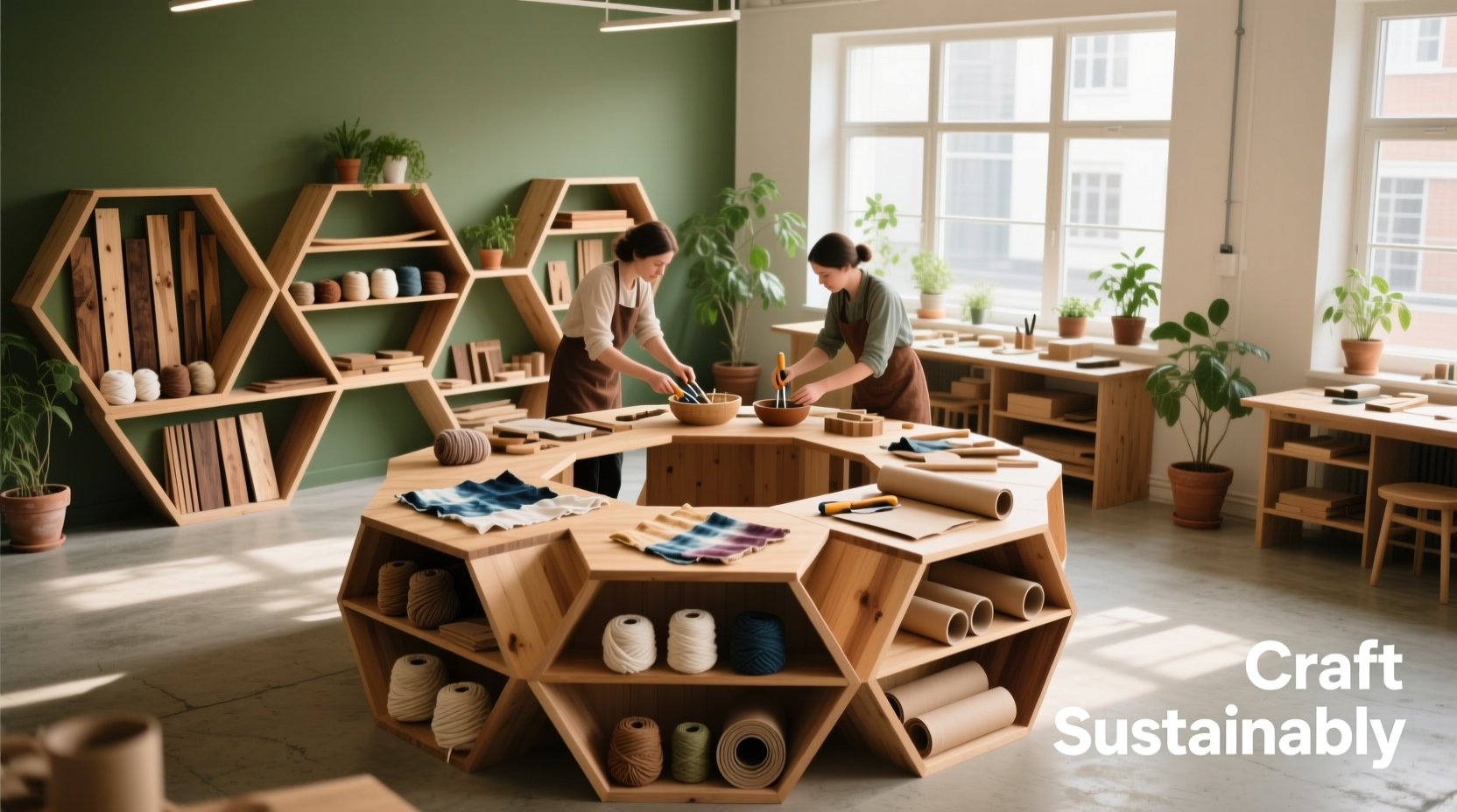 Hexagonal workstations in eco-craft studio with visible material sharing