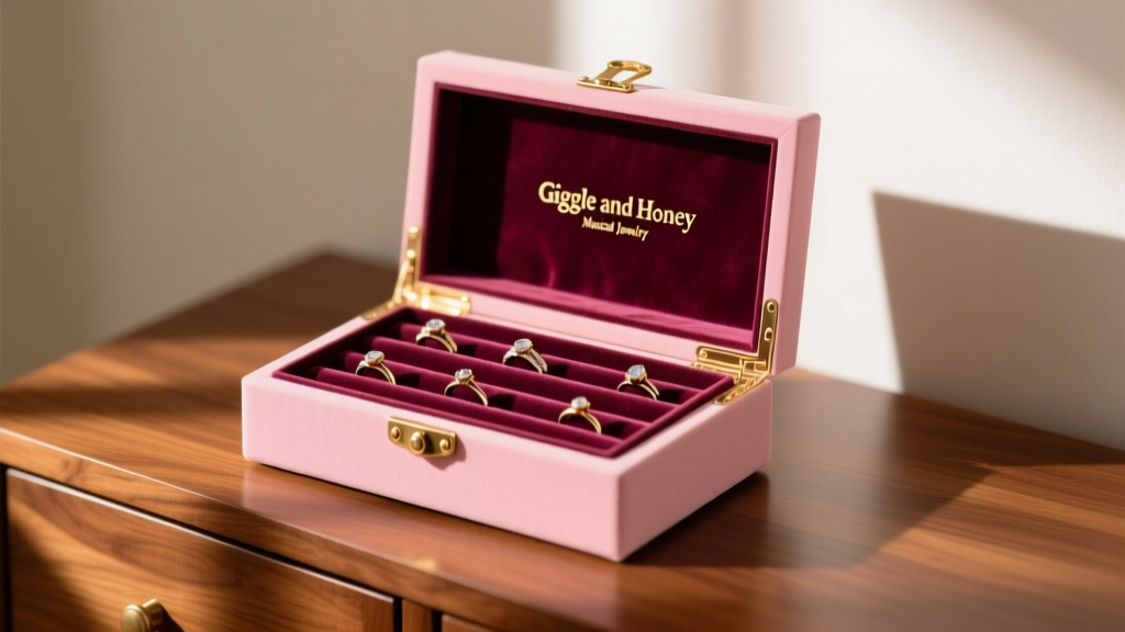 Pink Giggle and Honey musical jewelry box on oak dresser, lid open showing plush velvet interior, ring rolls, and brass hardware.