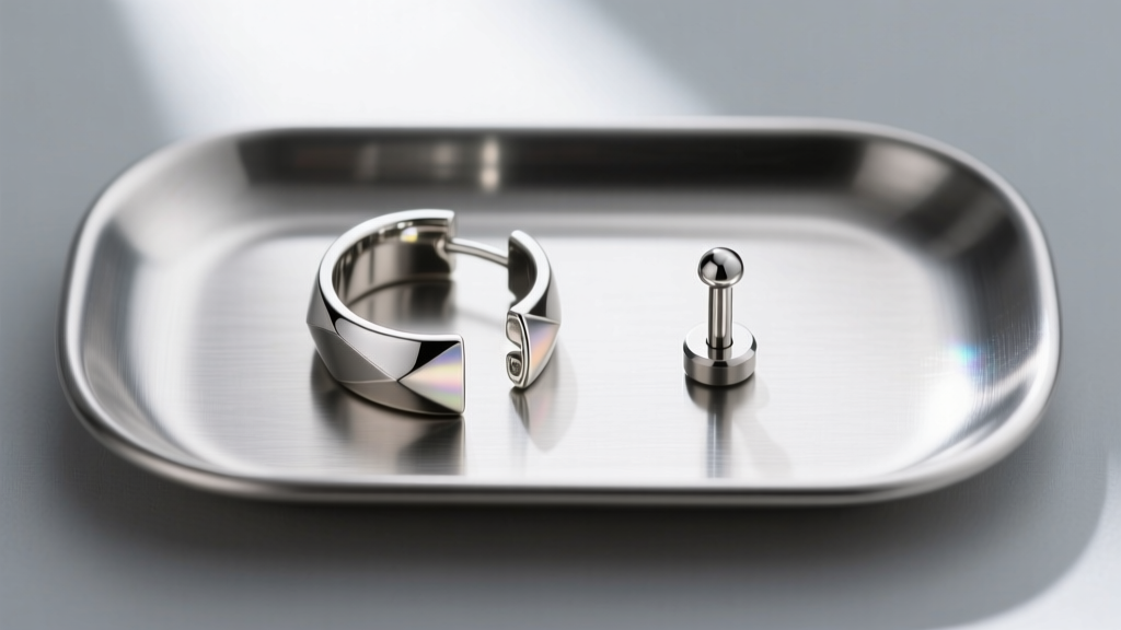 Overhead view of a 316L stainless steel jewelry ear cuff and titanium labret stud on a metal tray, highlighting clinical safety