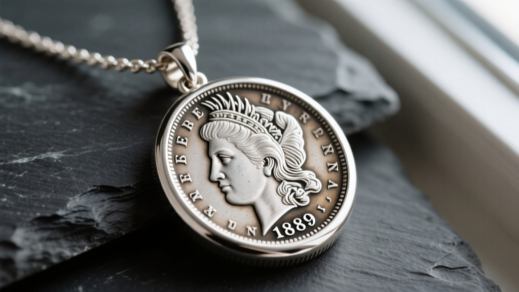 Close-up of an 1889 Morgan silver dollar coin set in a polished sterling silver bezel necklace, resting on dark textured slate.