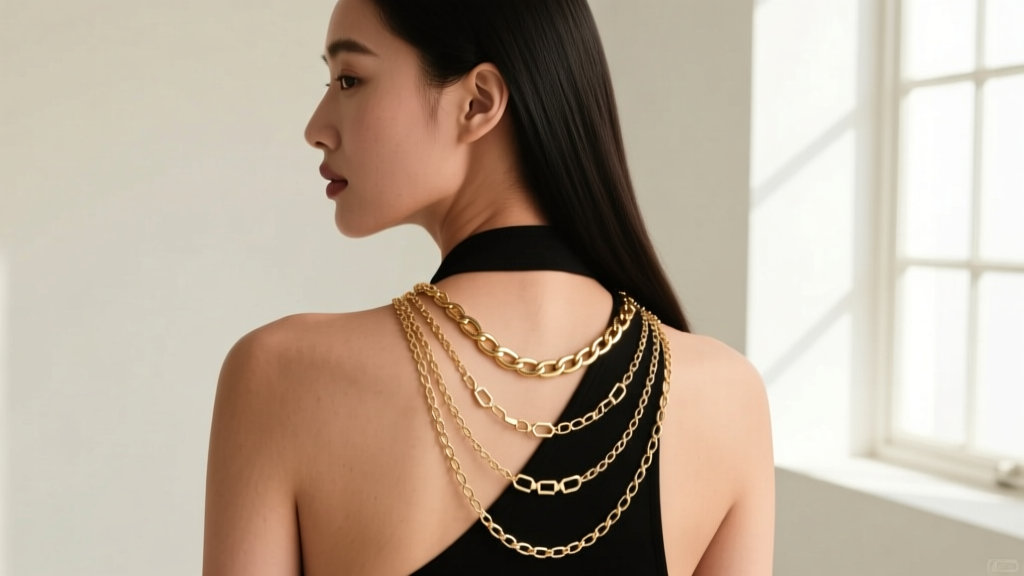 Side profile of a woman in a backless black halter top showcasing a layered 18-inch and 24-inch gold chain necklace arrangement
