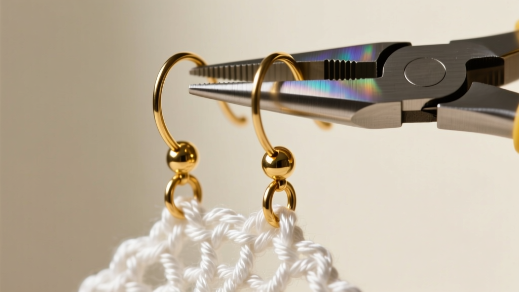 Macro shot of 20-gauge niobium ear wires attached to stiffened white crochet dangles via 4mm gold jump rings using jewelry pliers