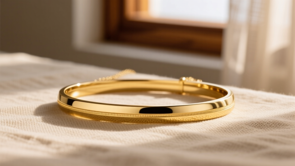 14k yellow gold horizontal bar necklace on beige linen, soft natural window light highlighting the highly polished metal edges.