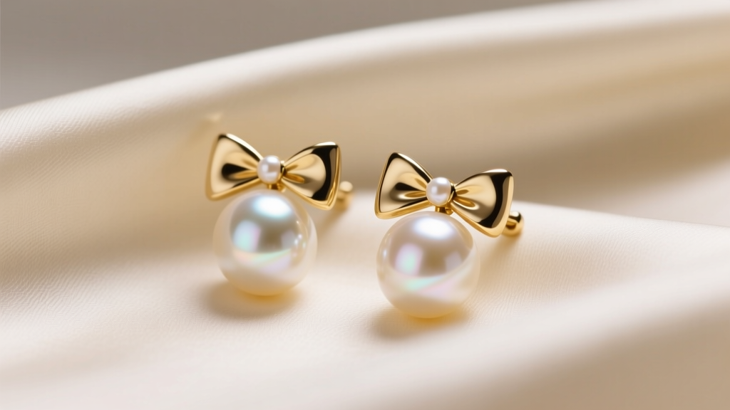 Gold bow pearl earrings on cream silk, showing the bright luster of round freshwater pearls under soft, diffused natural lighting.