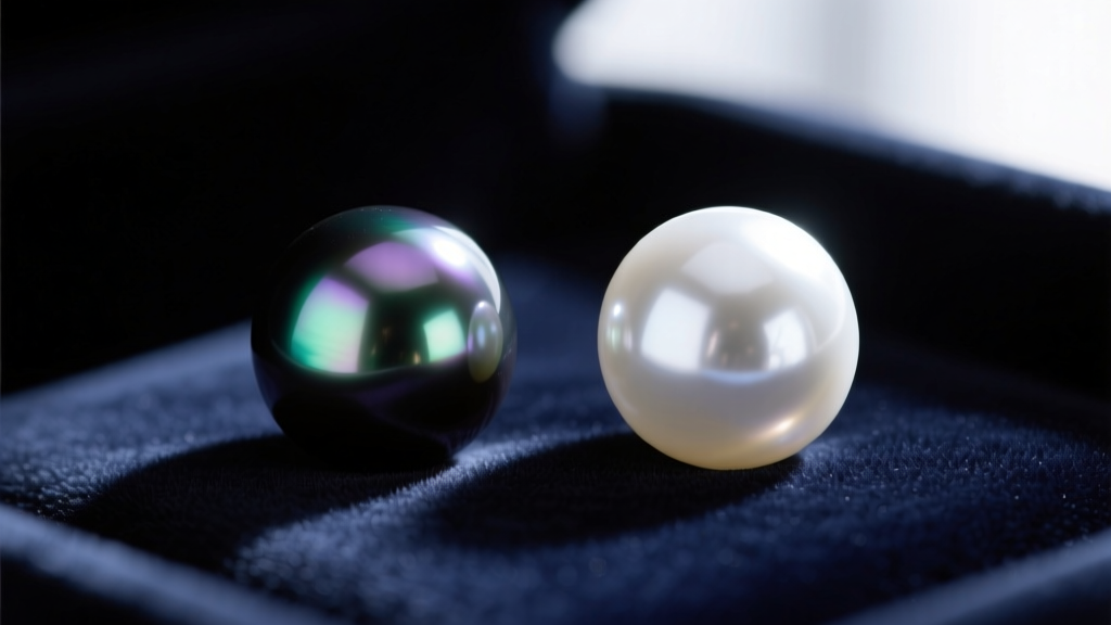 Macro shot of a dark Tahitian pearl and white Akoya pearl on velvet, highlighting mirror-like luster and distinct color overtones.