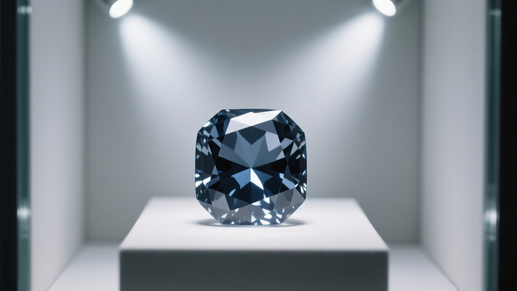 The Hope Diamond in a museum case showing its deep grayish-blue color and antique cushion cut under bright gallery spotlights.