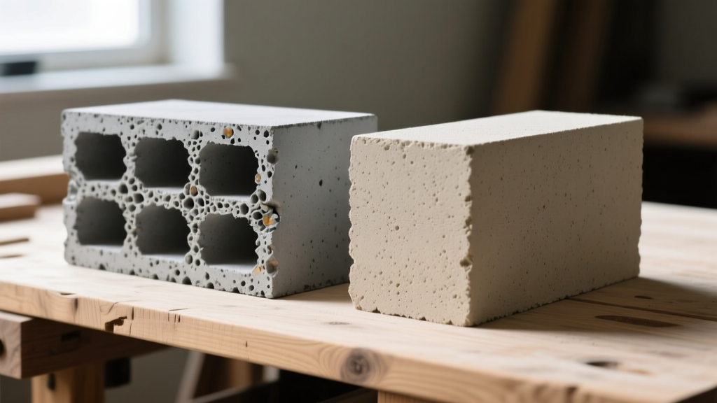Side-by-side cross-section of a standard gray concrete masonry unit and a smooth cement-sand block on a wooden workbench