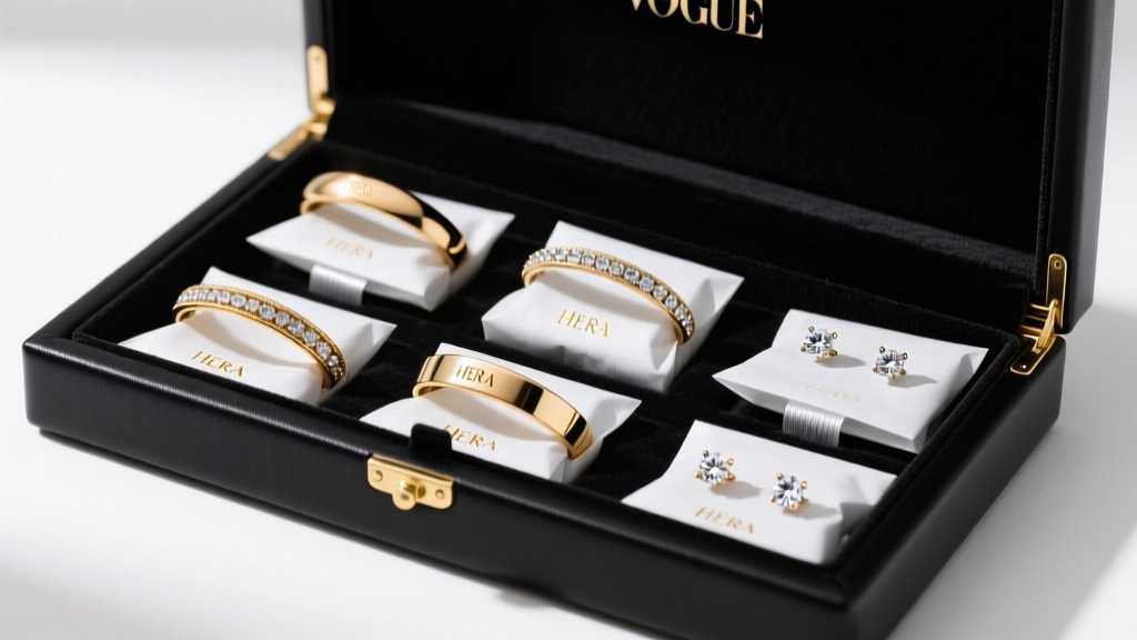 Open matte black leather jewelry box with individually wrapped Hera fine gold bangles and diamond studs, plus anti-tarnish strips.