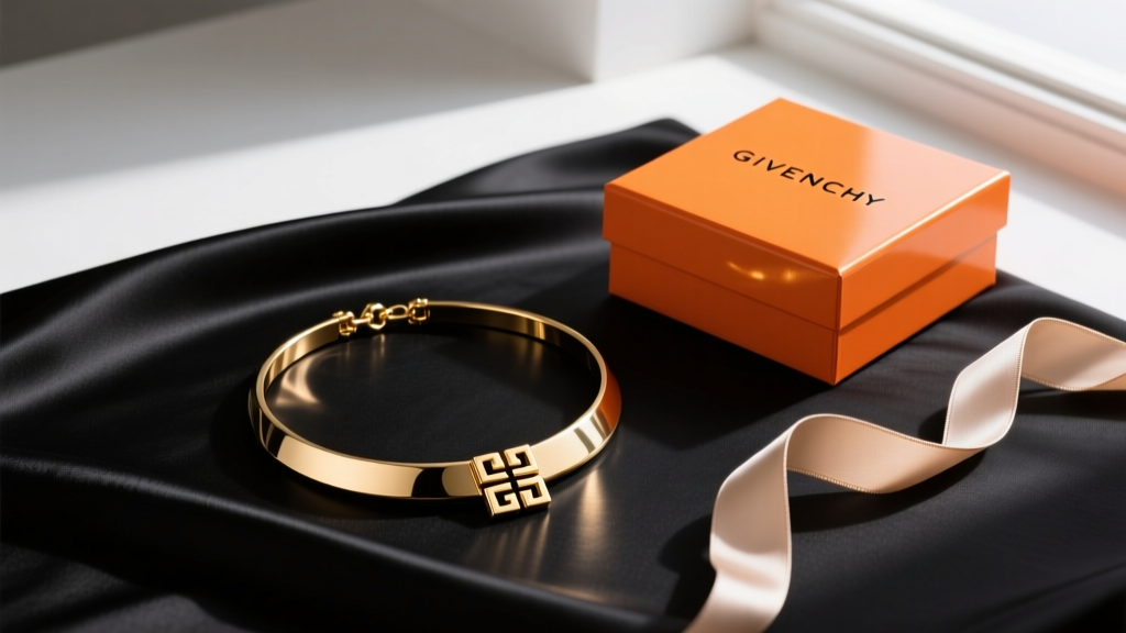 Flat lay of a Givenchy 4G gold-tone brass necklace on black silk, beside a signature Givenchy orange gift box and silk ribbon