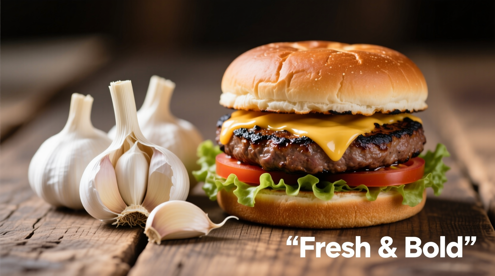 Fresh garlic cloves next to perfectly grilled burger