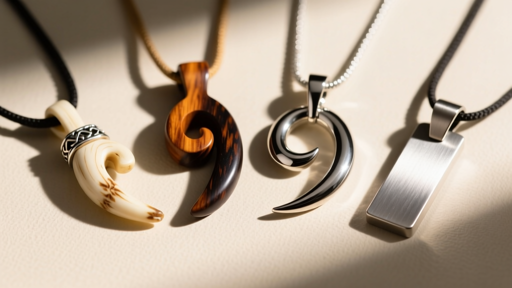 Top-down view of four Maui hook pendants crafted from carved bone, dark koa wood, polished silver, and brushed titanium
