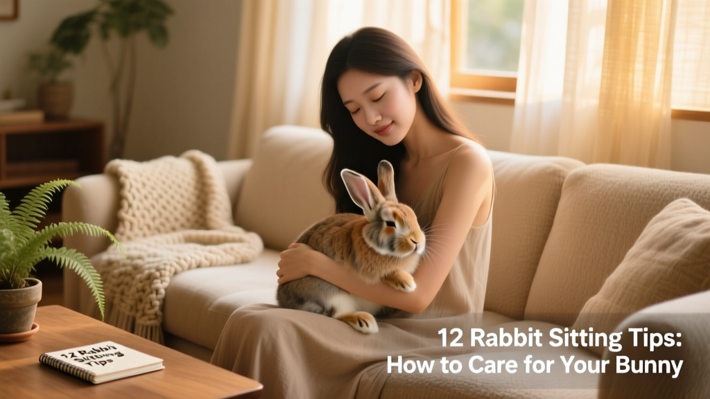 A sitter gently cuddling a relaxed rabbit on a cozy sofa