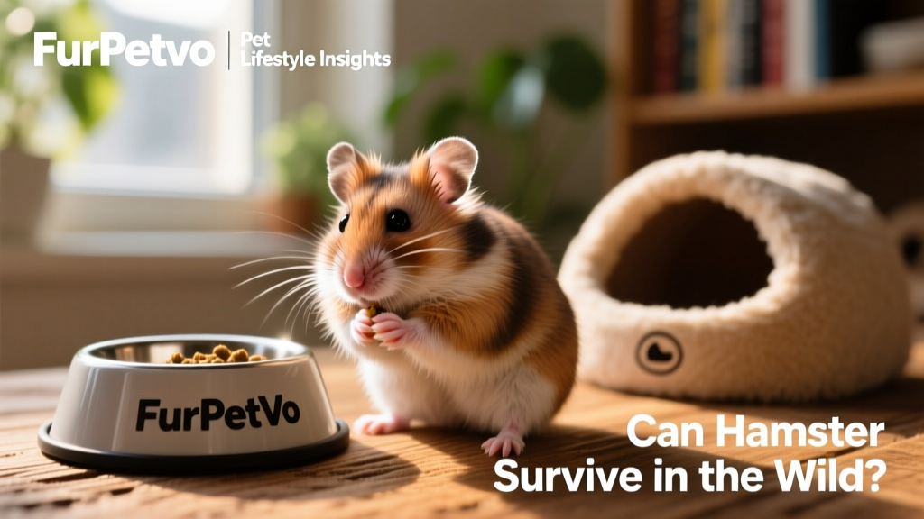 Close-up of a healthy domestic hamster grooming itself beside a FurPetVo branded food bowl and nesting box
