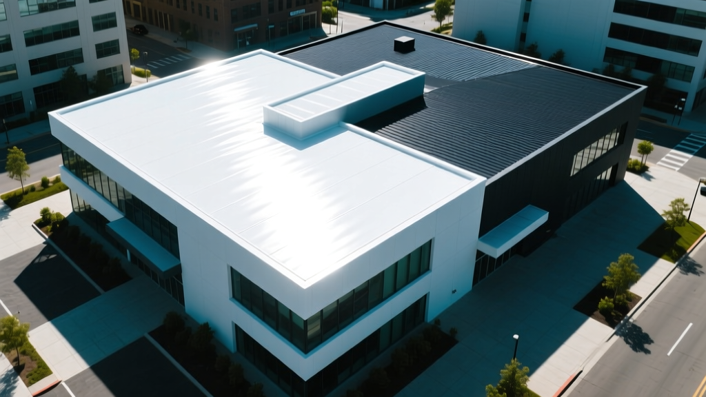 Aerial view of a commercial building with a bright white TPO flat roof reflecting sunlight, contrasting with adjacent dark EPDM roofs.