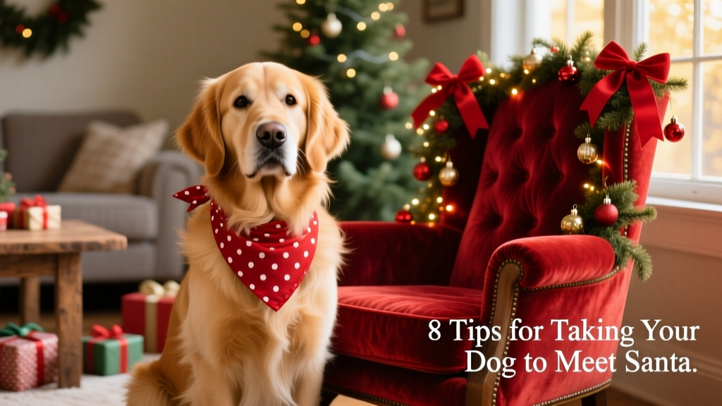 A well-groomed dog wearing a red bandana, sitting calmly beside a decorated Santa chair