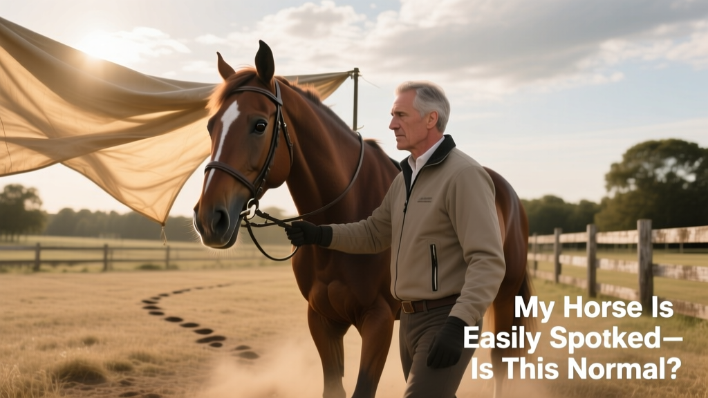 A trainer calmly guiding a horse past a flapping tarp during desensitization training