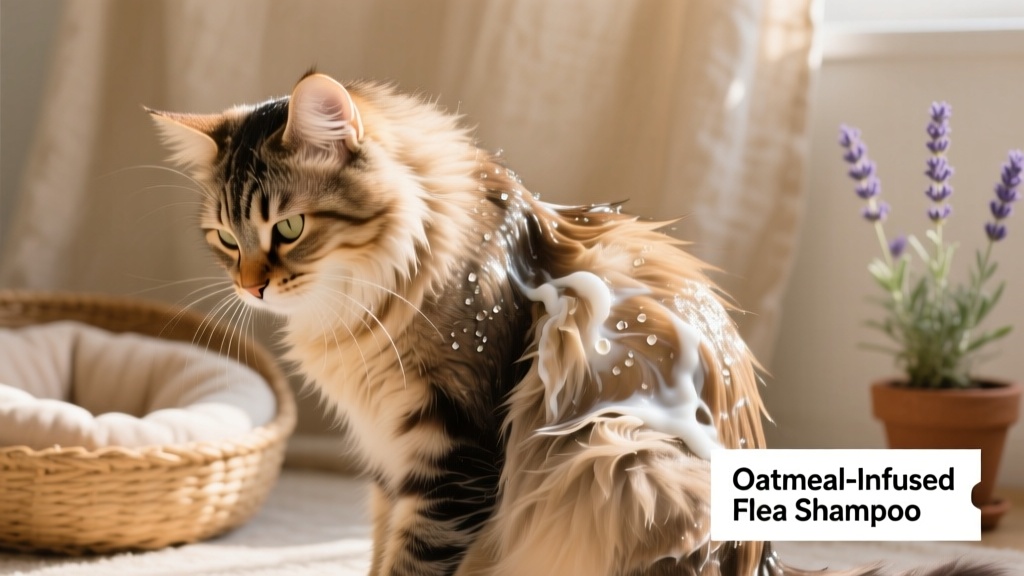 Close-up of a cat’s clean, glossy coat after being washed with an oatmeal-based flea shampoo