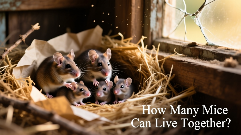 Wild house mice in a natural nesting environment with straw and nesting material
