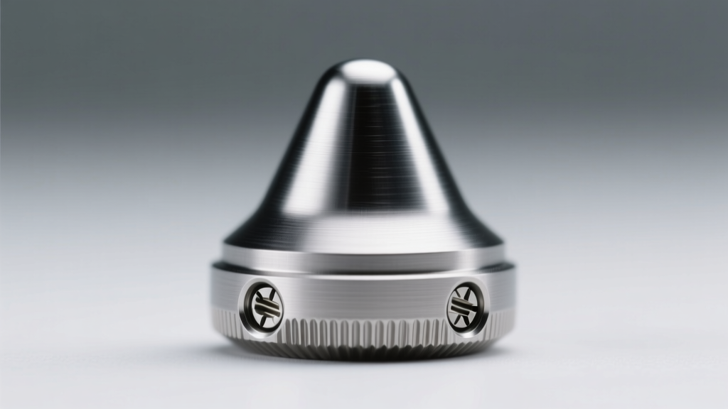 Extreme macro close-up of an ASTM F136 implant-grade titanium nipple shield with a secure screw-thread chain attachment point