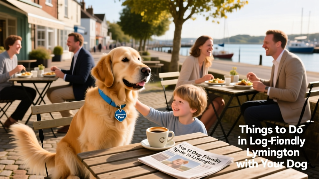 A friendly dog sitting beside a table at an outdoor café terrace in Lymington, with people dining nearby