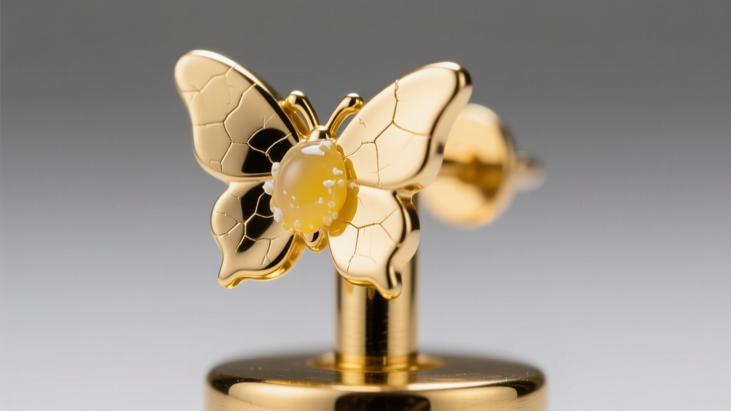 Macro photo of a butterfly earring back jammed on a gold post, showing hardened sebum buildup under bright studio lighting.