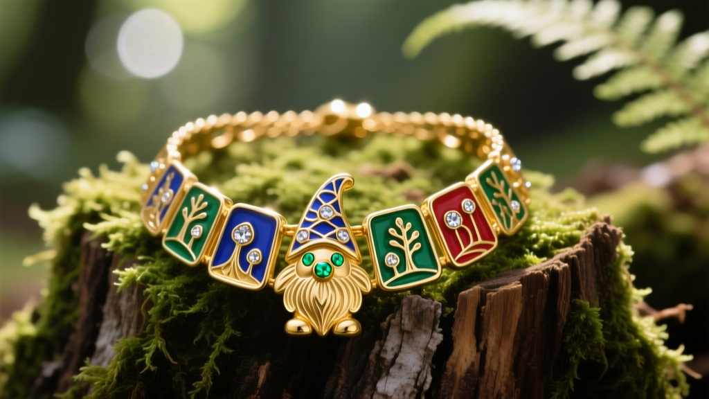 Macro shot of a gold vermeil gnome necklace featuring champlevé enamel details and tiny pavé tsavorite eyes on a mossy tree stump