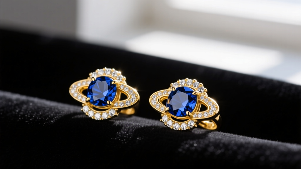 Close-up of 14k yellow gold planet saturn earrings with a blue sapphire center and diamond halo rings, resting on dark velvet.