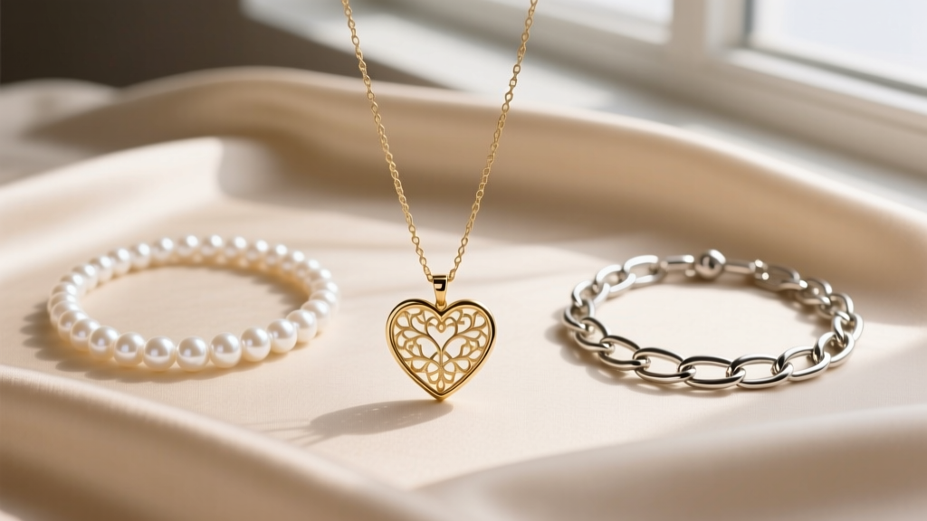 Flat lay of three layered necklaces with a small Susan Shaw heart pendant, a pearl choker, and a paperclip chain on beige silk.