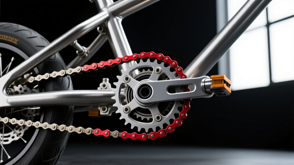 Close-up of a modified 4-speed sequential mini bike transmission mounted to a tubular steel chassis with a heavy duty chain