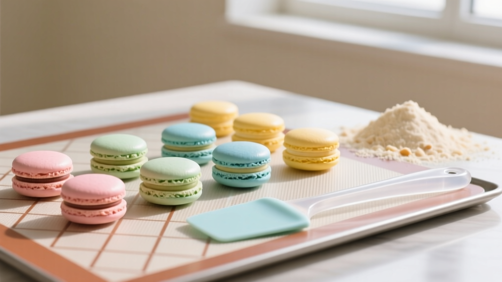 Perfectly uniform French macarons cooling on a printed silicone baking mat template with a silicone spatula and almond flour in background