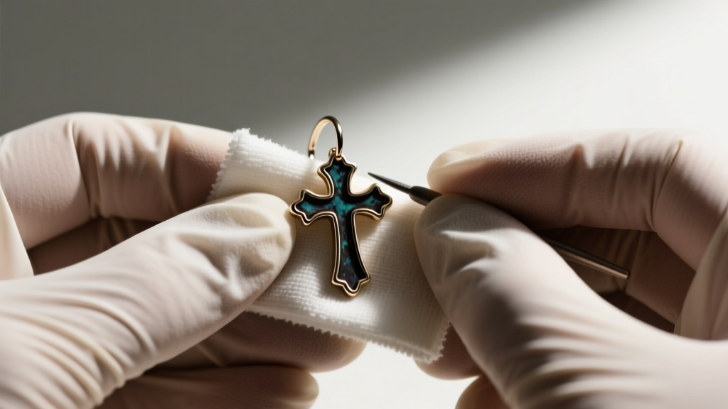 Hands in nitrile gloves polishing a retired James Avery cross huggie earring with microfiber, preserving dark oxidized recesses.
