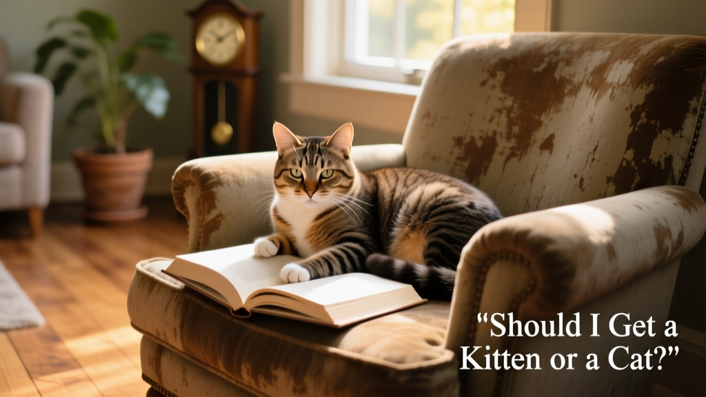 A relaxed adult cat curled up beside a book on a cozy armchair, with soft natural light filtering through the window