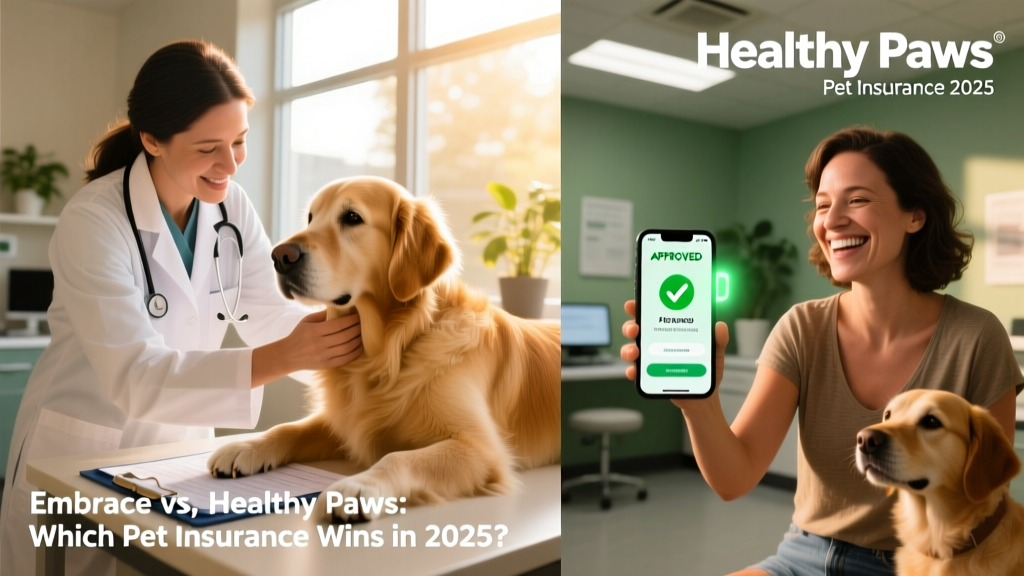 Split image showing a veterinarian consulting with a calm dog on one side and a happy owner reviewing an insurance approval notification on a smartphone on the other