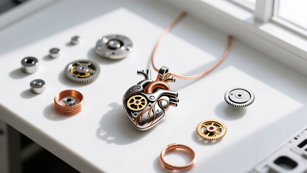 Overhead view of a disassembled kinetic heart pendant showing micro-gears, copper coils, and magnets on a clean white workbench.