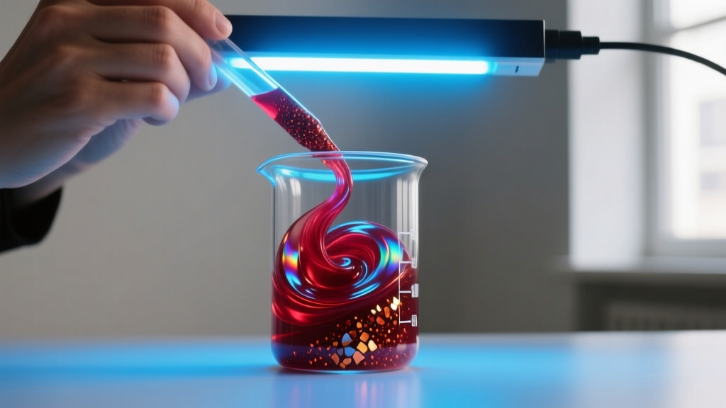 Jeweler mixing deep crimson UV resin with metallic iron oxide flakes in a glass beaker, illuminated by a glowing UV curing lamp