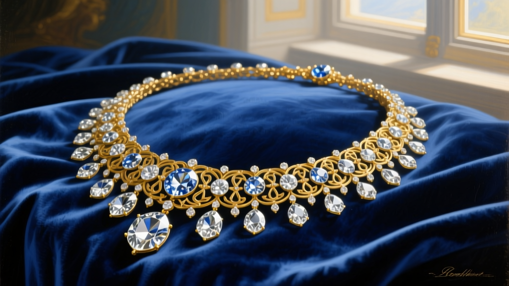 Oil painting style illustration of the legendary 18th-century Boehmer diamond festoon necklace resting on dark blue velvet fabric