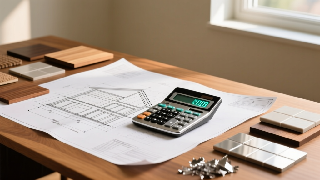 Architectural blueprints spread on a wooden desk alongside a financial calculator and material samples for a custom home build.