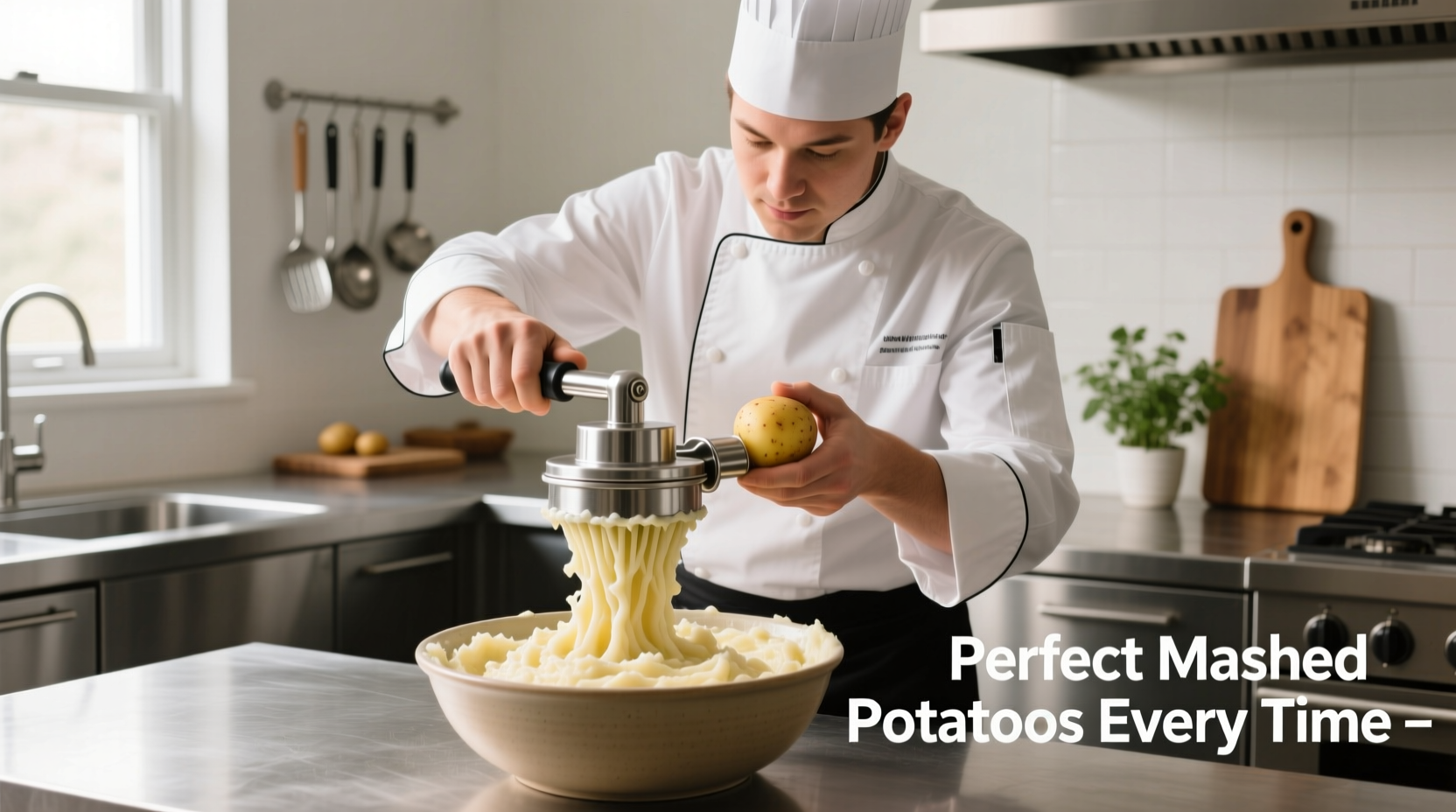 Professional chef demonstrating potato ricer technique for mashed potatoes