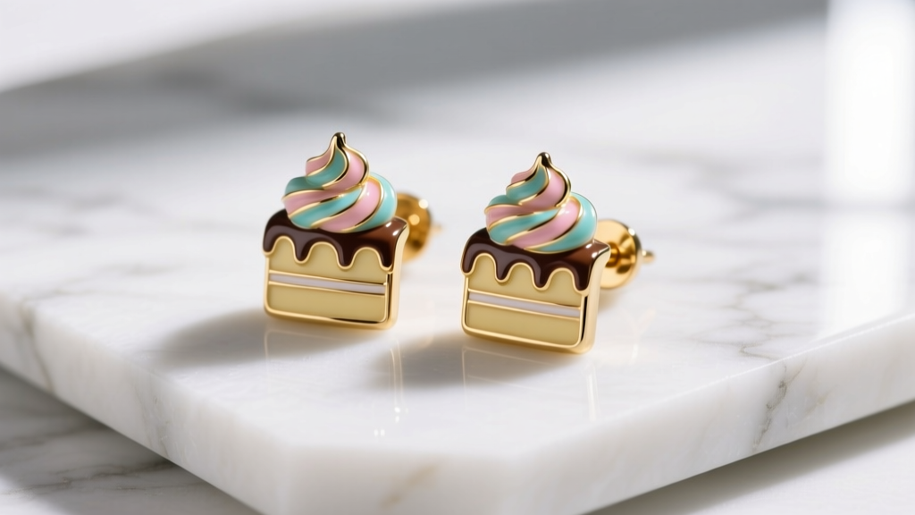Macro shot of cake-shaped stud earrings with vitreous enamel frosting and gold vermeil bases resting on a white marble slab