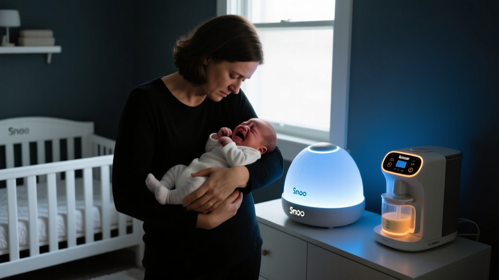 Parent holding a crying newborn at 3 AM next to a glowing Snoo smart bassinet and Baby Brezza formula maker in a dark modern nursery