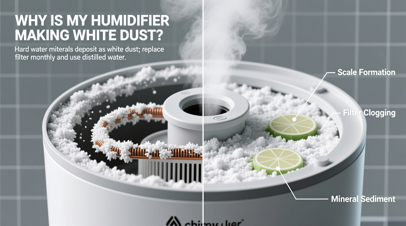 why is my humidifier making white dust mineral buildup and filter fixes