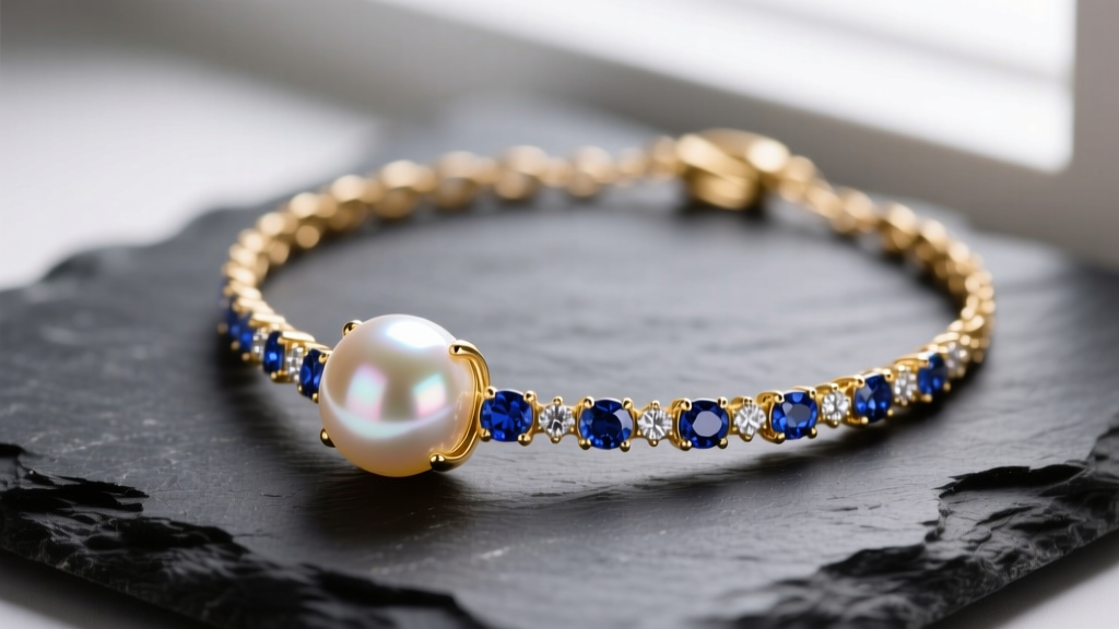 Close-up of an 18k gold necklace with a luminous 10mm South Sea pearl pendant and pavé sapphire accents resting on dark slate.