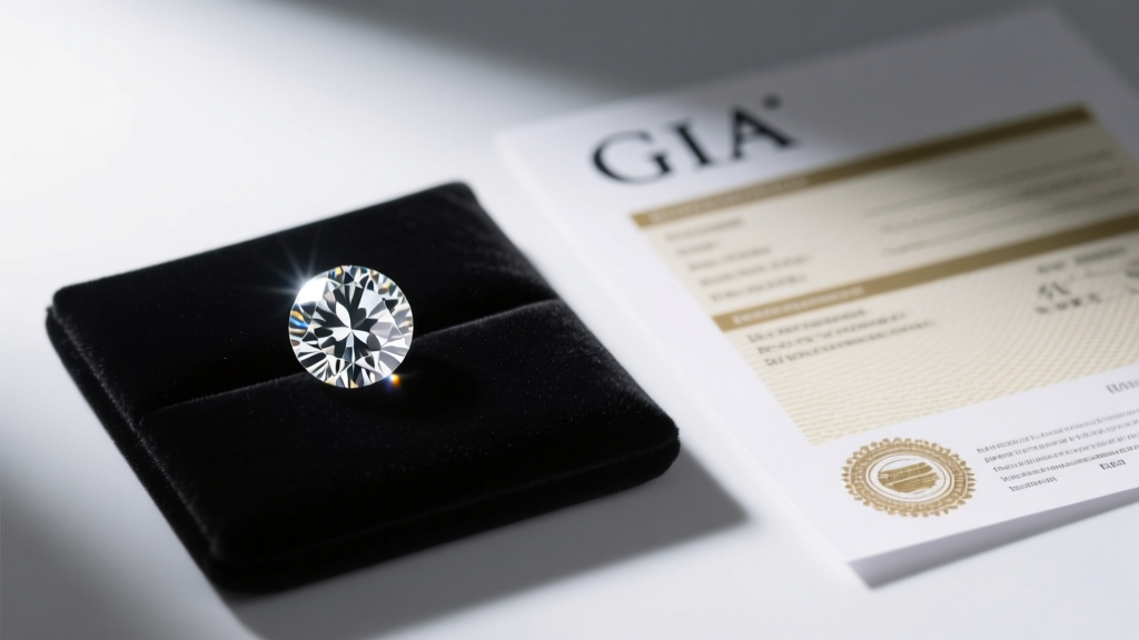 GIA grading report placed next to a loose round brilliant diamond on a black velvet pad, illuminated by a soft overhead spotlight.